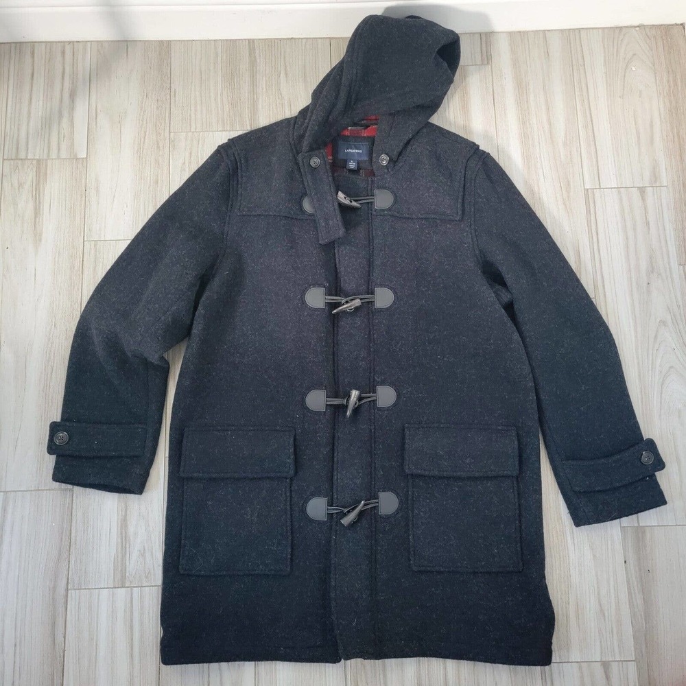 VTG Mens Lands End Wool Duffle Pea Coat Leather Toggles Blanket Lined Fall 42-44